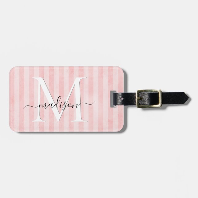Vintag Blush Pink Stripe Girly Script Monogram Gepäckanhänger (Vorderseite horizontal)