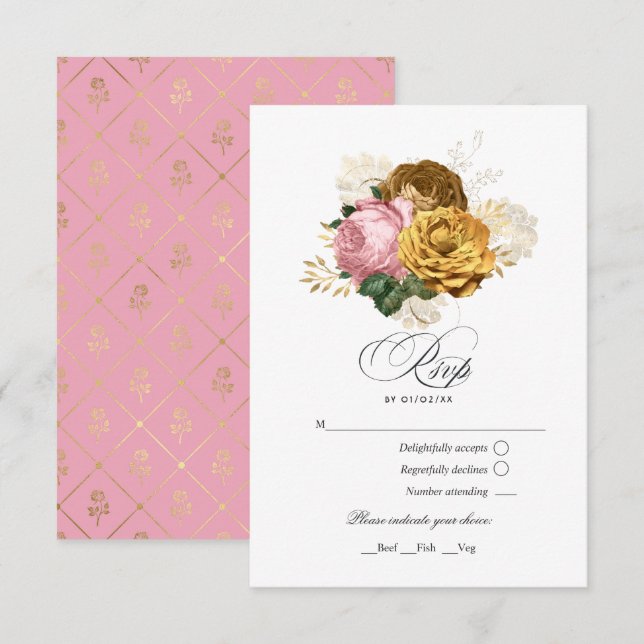 Vintag Blush Pink und Gold Quinceñera RSVP Karte (Vorne/Hinten)