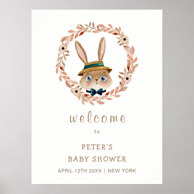Vintag Boho Bunny Wreath Babydusche Willkommen Poster (Vorne)