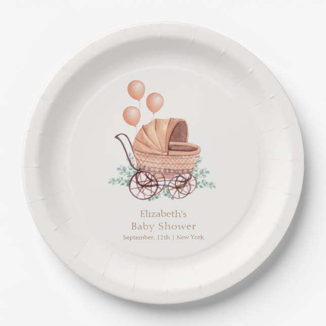 Vintag Boho Greenery Stroller Balloon Baby Shower Pappteller (Vorderseite)