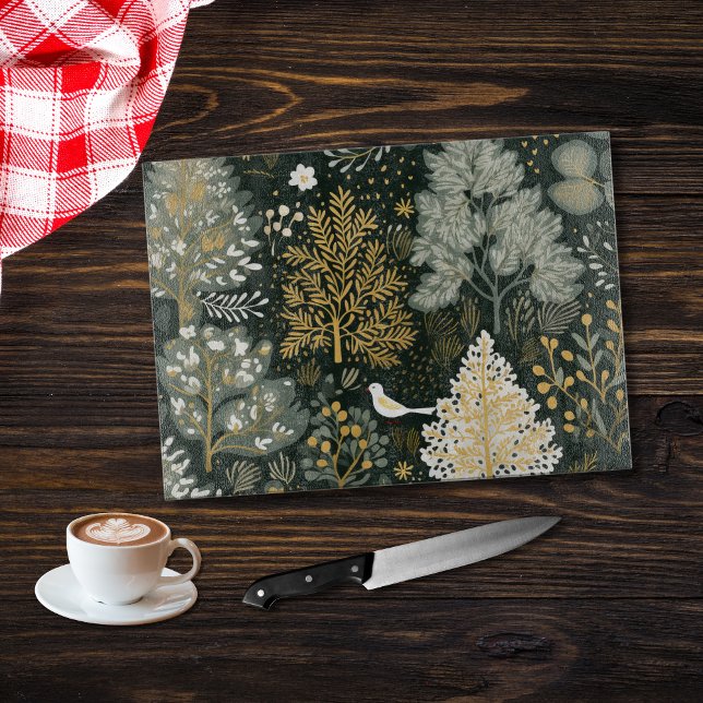 Vintag Boho White Green Gold Trees Bird Schneidebrett (Green Gold White Trees Birds Boho Watercolor Design Cutting Board)