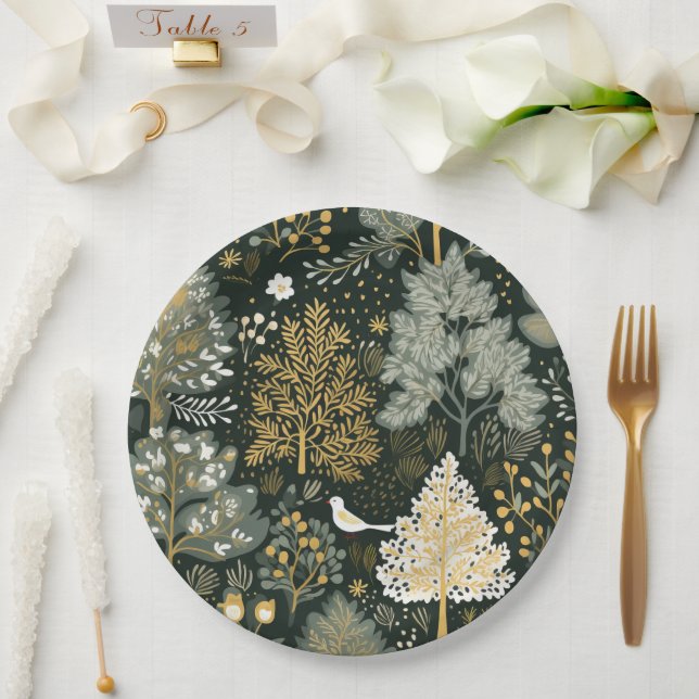 Vintag Boho White Green Gold Weihnachtsbaumen Pappteller (Hochzeit)