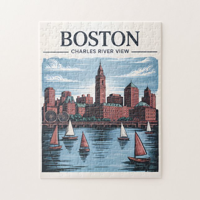Vintag Boston Massachusetts City & Sailboats Puzzle (Vertikal)