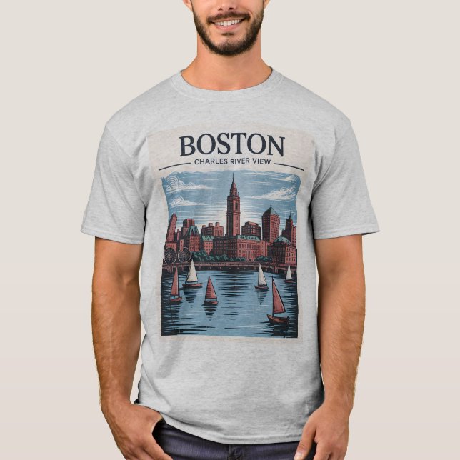 Vintag Boston Massachusetts City & Sailboats T-Shirt (Vorderseite)