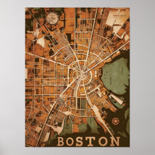Vintag Boston Massachusetts Map, Boston Ma Us Map Poster