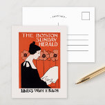 Vintag Boston Sunday Herald Postkarte<br><div class="desc">The Boston Sunday Herald, Ladys wollte es am 24. Februar (1890-1920) | Diese Vintage Herald-Illustration von The Boston Sunday vom 24. Februar mit Kunstwerken von Ethel Reed präsentiert ein beeindruckendes Bild einer Frau in einem schwarzen Kleid, das elegant vor einem Hintergrund fett roter Pappchen gestellt wurde. Der Kontrast zwischen der...</div>