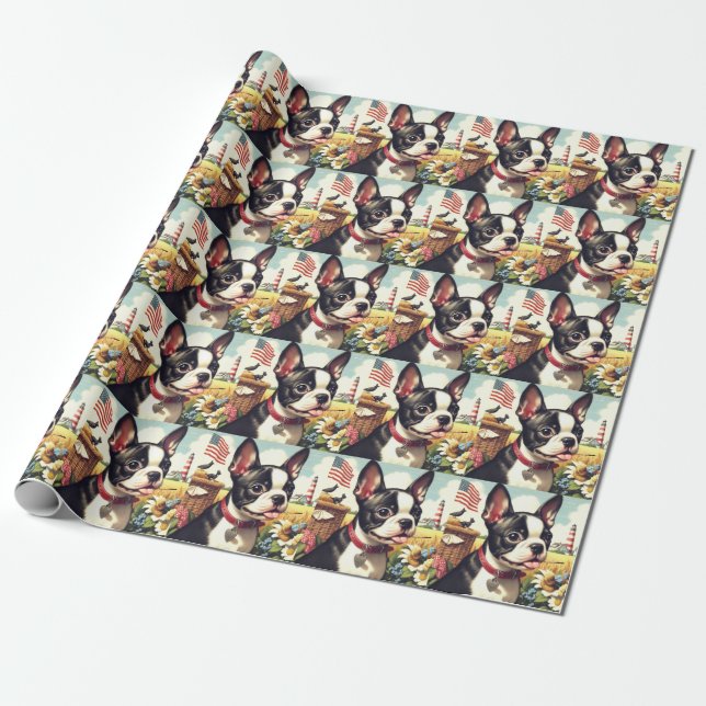 Vintag Boston Terrier Illustration Geschenkpapier (Ungerollt)