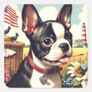 Vintag Boston Terrier Illustration Quadratischer Aufkleber