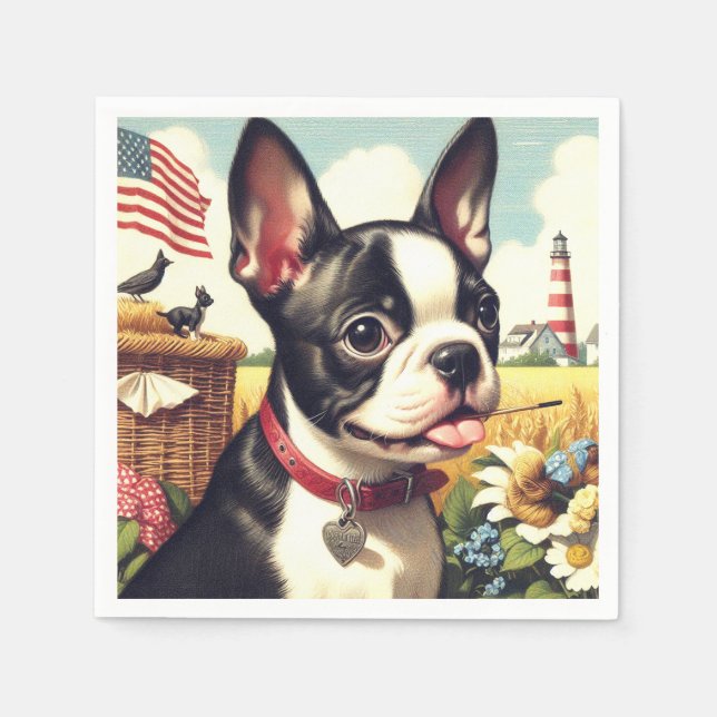 Vintag Boston Terrier Illustration Serviette (Vorderseite)