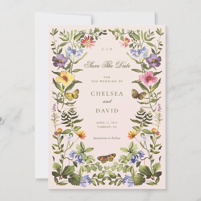 Vintag Botanische Wildblume Boho Save the Date Einladung (Vorderseite)