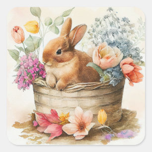 Vintag Brown Bunny Rabbit Basket Blume Ostern Quadratischer Aufkleber