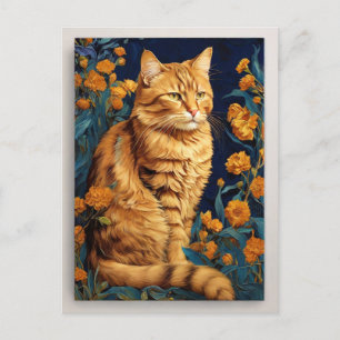 Vintag Brown Cat Botanical Blue Portrait Van Gogh Postkarte