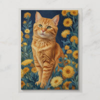 Vintag Brown Cat Botanical Blue Portrait Van Gogh