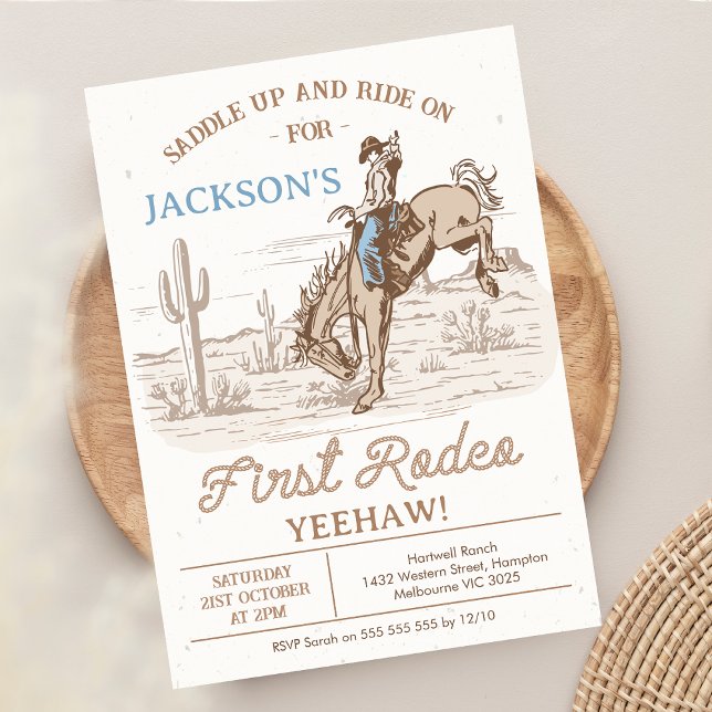 Vintag Brown Cowboy First Rodeo 1. Geburtstag Einladung (Cowboy First Rodeo 1st Birthday Invitation Boy, Vintage 1st Rodeo Birthday Invite, Western Wild West)