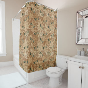 Vintag Brown Damask Blumengrün-Libellen Duschvorhang