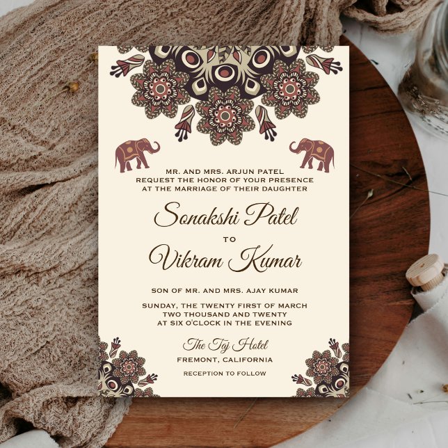 Vintag Brown Motif Indian Wedding Einladung (Von Creator hochgeladen)