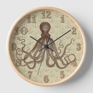 Vintag Brown Octopus Anchors Nautical Beach House Wanduhr