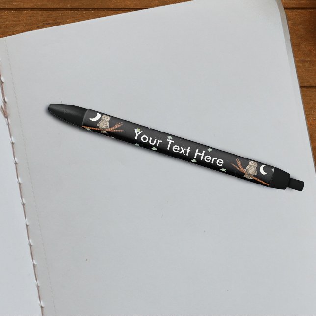 Vintag Brown Owl Necklass Crescent Moon Stars Kugelschreiber (Owl blue necklace on branch with moon and stars on black writing pen.)