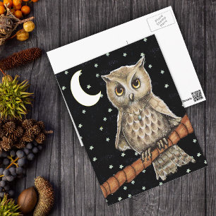 Vintag Brown Owl Necklass Crescent Moon Stars Postkarte