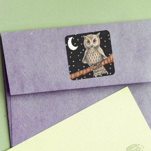 Vintag Brown Owl Necklass Crescent Moon Stars Quadratischer Aufkleber