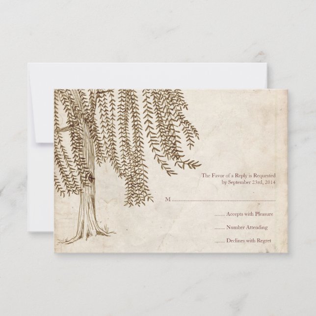 Vintag Brown Willow Tree Wedding RSVP Karte (Vorderseite)