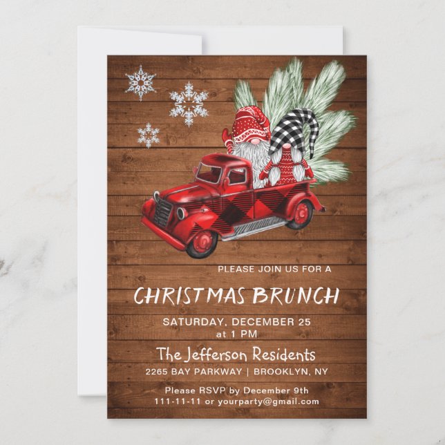 Vintag Buffalo Red Truck Gnomes Weihnachtsbrunch Einladung (Vorderseite)