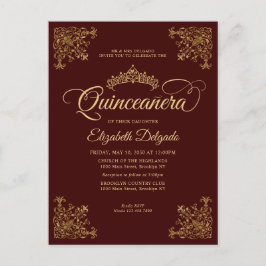 Vintag Burgundy Gold Elegante Tiara Quinceanera Postkarte