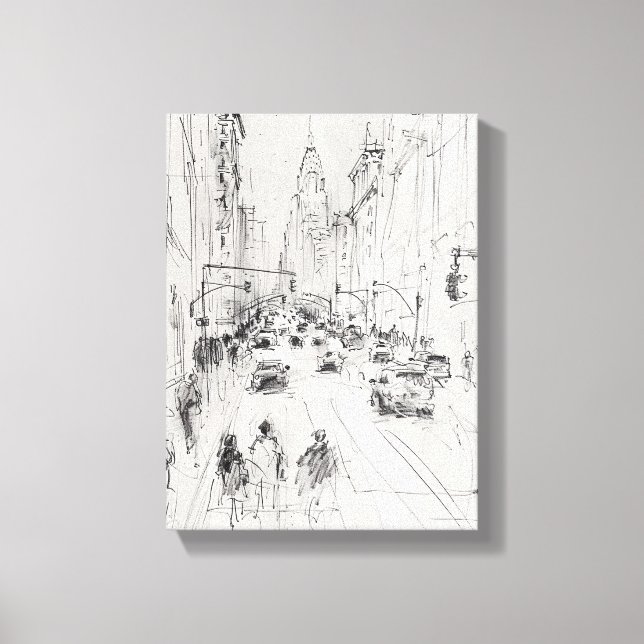 Vintag Busy City Street - Städtische Illustration Leinwanddruck (Vorderseite)