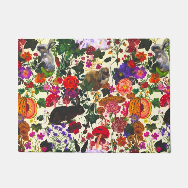 Vintag Butterfly Rabbit Garden Floral Wasserfarbe Fußmatte (Vorderseite)