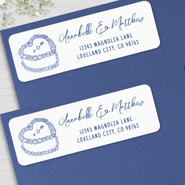 Vintag Cake Hand Drawn Blue Wedding Address (Vintage Cake Hand Drawn Blue Wedding Address label)