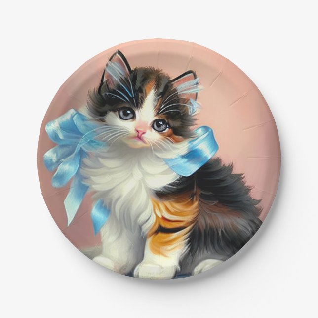 Vintag Calico Kitten Illustration Pappteller (Vorderseite)