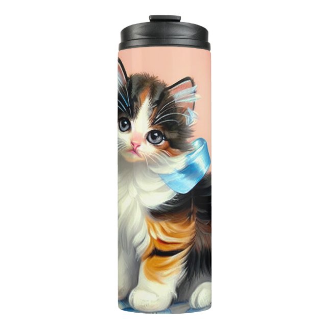 Vintag Calico Kitten Illustration Thermosbecher (Vorderseite)