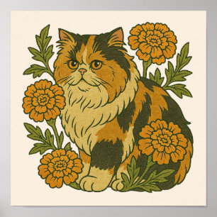 Vintag Calico Kitty Cat Marigold Blume Poster
