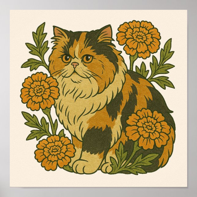 Vintag Calico Kitty Cat Marigold Blume Poster (Vorne)