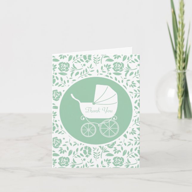 Vintag Carriage Baby Shower Green Gender Neutral Dankeskarte (Vorderseite)