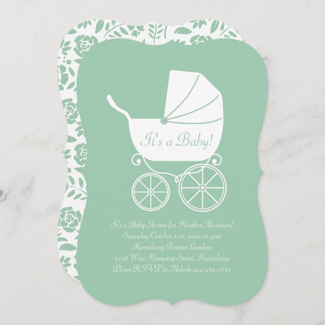 Vintag Carriage Baby Shower Green Gender Neutral Einladung (Vorne/Hinten)