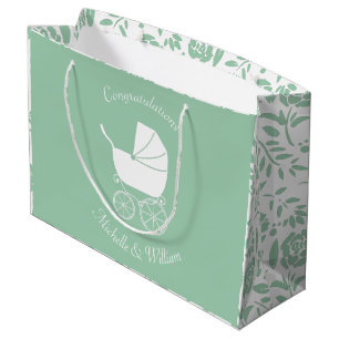 Vintag Carriage Baby Shower Green Gender Neutral Große Geschenktüte
