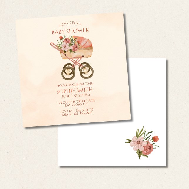 Vintag Carriage Floral Baby Shooting Square Einladung (Von Creator hochgeladen)