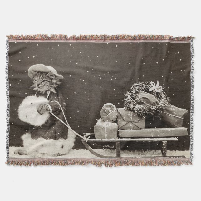 Vintag Cat Christmas Sleigh Decke (Vorderseite)