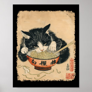 Vintag Cat Eating Ramen Noodles Gothic Otaku Japa Poster