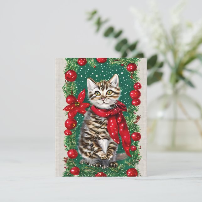 Vintag Cat Kitten Weihnachtskarte Feiertagskarte (Stehend Vorderseite)