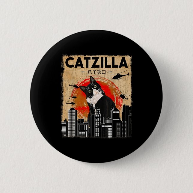 Vintag Catzilla - Funny Tuxedo Cat and Kitten Button (Vorderseite)