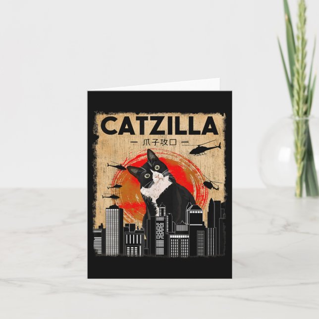 Vintag Catzilla - Funny Tuxedo Cat and Kitten Karte (Vorderseite)