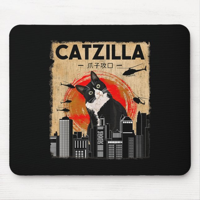 Vintag Catzilla - Funny Tuxedo Cat and Kitten Mousepad (Vorne)