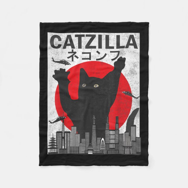 Vintag Catzilla Japanisch Sunset Style Cat Kitten Fleecedecke (Vorderseite)