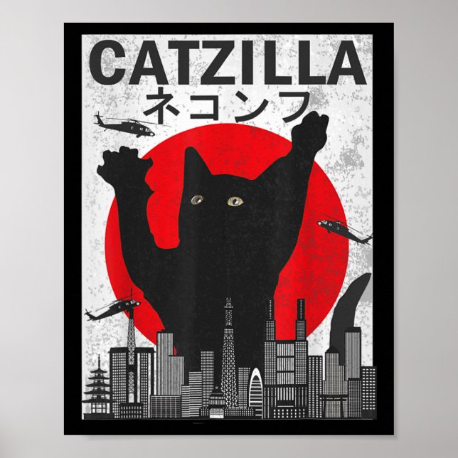 Vintag Catzilla Japanisch Sunset Style Cat Kitten Poster (Vorne)