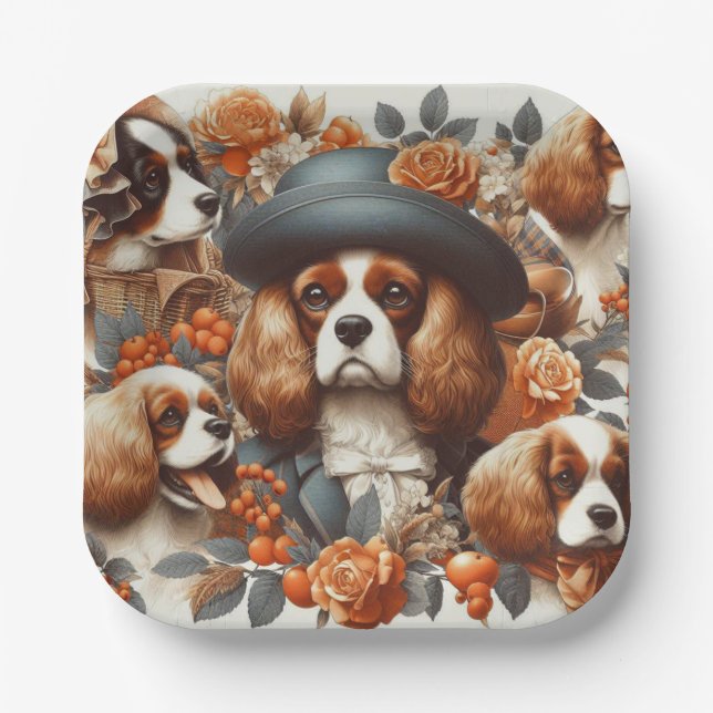 Vintag Cavalier King Charles Spaniel Painting Pappteller (Vorderseite)
