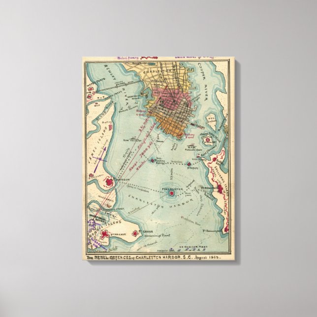 Vintag Charleston SC Zivil War Map (1865) Leinwanddruck (Vorderseite)