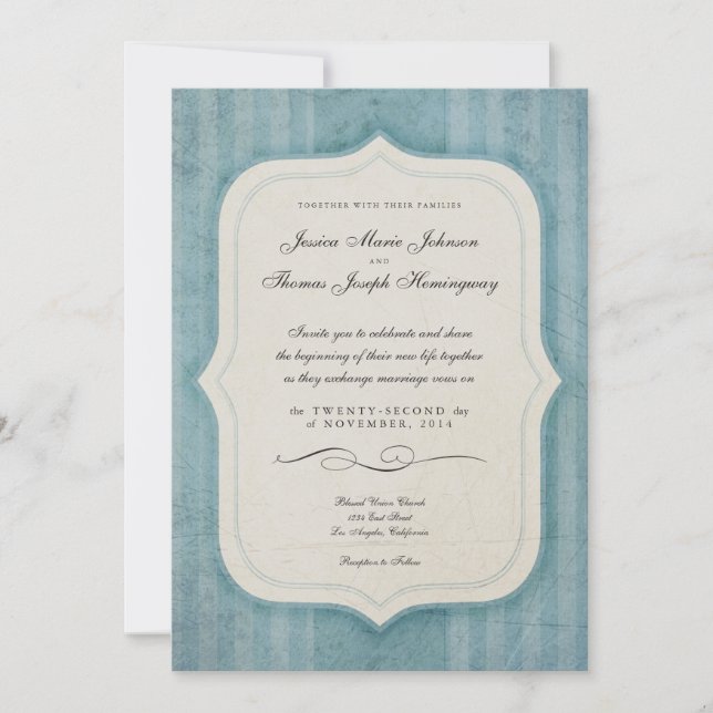 Vintag Charm Blue Monogram Wedding Einladungen (Vorderseite)