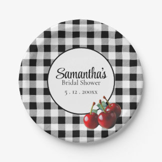 Vintag Cherries Schwarz-weiß Gingham Pappteller